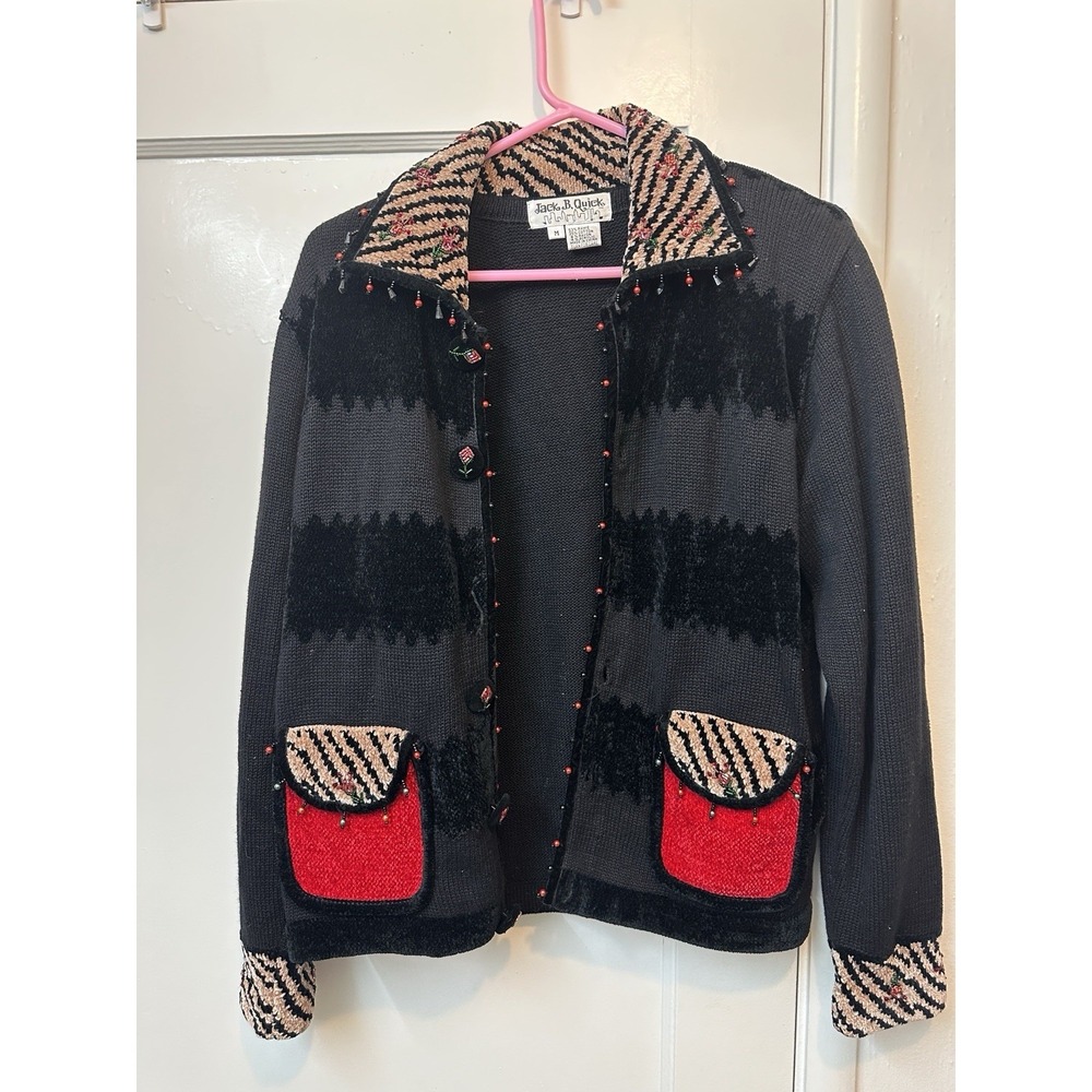 Jack‎ B Quick M Sweater Cardigan Embellished Beads Roses Classic Knit Grannycore